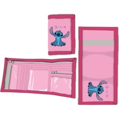 Carteira rosa com Stitch, personagem azul, vista exterior e interior