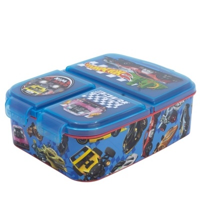 Caixa de plástico azul com desenhos de carros e texto Hot Wheels