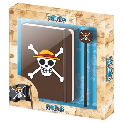 Conjunto de caderno e caneta One Piece com símbolo do chapéu de palha e ossos cruzados