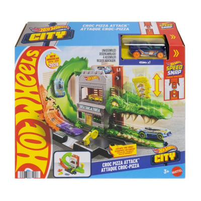 Brinquedo Hot Wheels City Croc Pizza Attack com crocodilo verde e pista de pizza na caixa