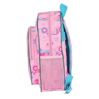 Mochila infantil rosa com padrão colorido e bolso lateral de rede