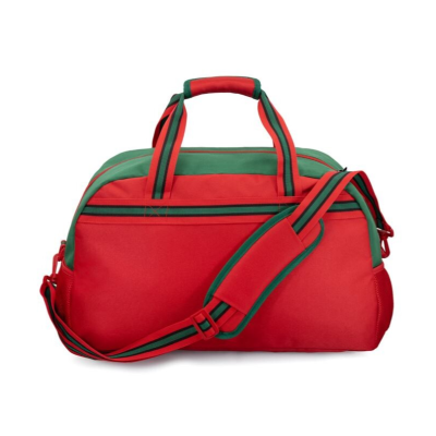 Saco de desporto vermelho e verde com alças e bolso exterior