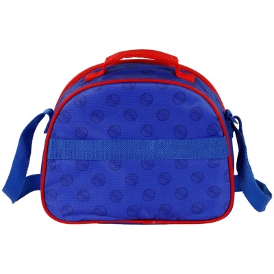 Bolsa azul com padrão de bolas de basquetebol e detalhes vermelhos