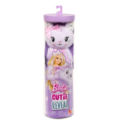 Brinquedo Barbie Cutie Reveal com boneca e capa lilás em embalagem cilíndrica