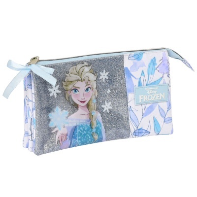 Estojo Disney Frozen com imagem da Elsa e flocos de neve em tecido brilhante