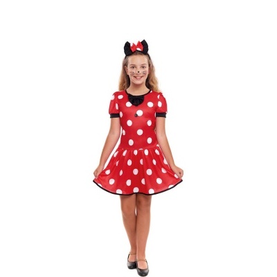 Vestido vermelho com bolinhas brancas para criança, fantasia com auréola preta e laço vermelho