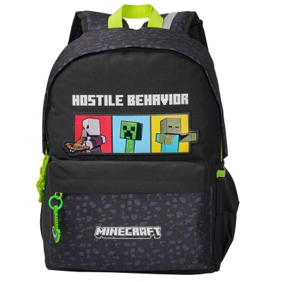 Mochila Minecraft preta com imagens de personagens e texto Hostile Behavior