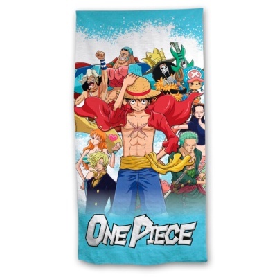 Toalha estampada dos personagens de One Piece com fundo azul