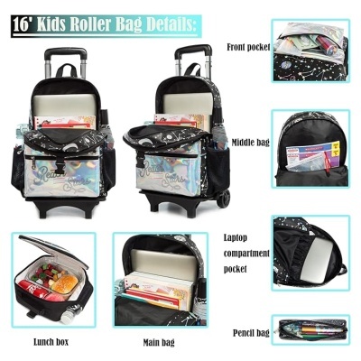 Mochila com rodinhas para crianças com várias bolsas e padrão colorido