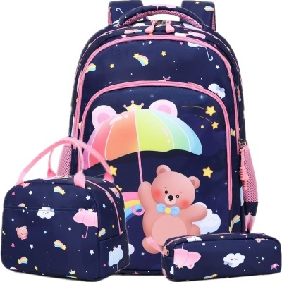 Conjunto escolar azul escuro com ursinhos, arco-íris e estrelas