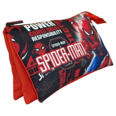 Estojo escolar vermelho preto azul com estampa do Spider-Man e texto Power Comes Great Responsibility