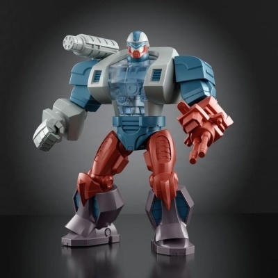 Figura de ação robô azul, vermelho e cinzento com armas, em fundo cinzento
