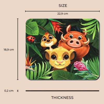 Tapete retangular com personagens animados e folhas tropicais