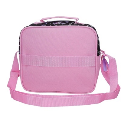 Mala de ombro rosa com padrão preto na parte superior e alças cor-de-rosa