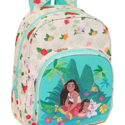 Mochila infantil com padrão floral e ilustração da Moana e Pua
