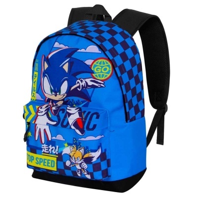 Mochila azul com design Sonic e Tails e padrão xadrez azul escuro
