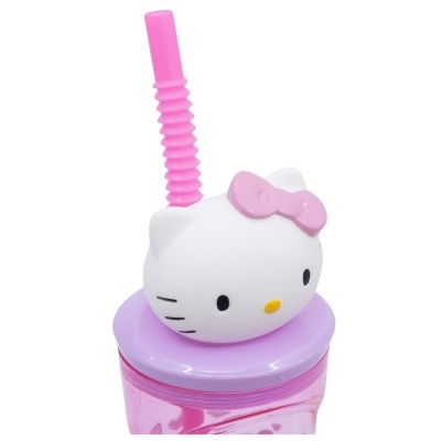 Garrafa de plástico com tampa roxa e design da Hello Kitty