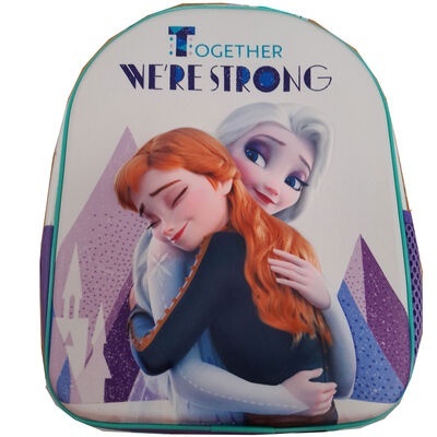 Mochila com personagens Anna e Elsa de Frozen e texto motivacional