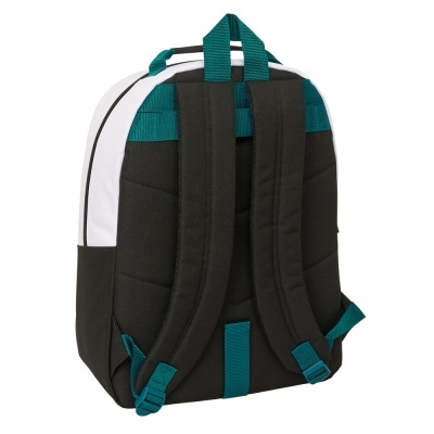 Mochila preta com detalhes verdes e lados brancos vista de trás
