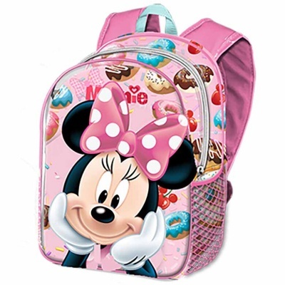Mochila rosa com estampa da personagem Minnie Mouse e laço rosa com bolinhas brancas
