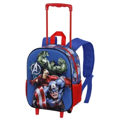 Mochila de carrinho infantil azul e vermelha com personagens dos Avengers.