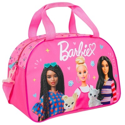 Mala cor-de-rosa Barbie com bonecas e cães impressos