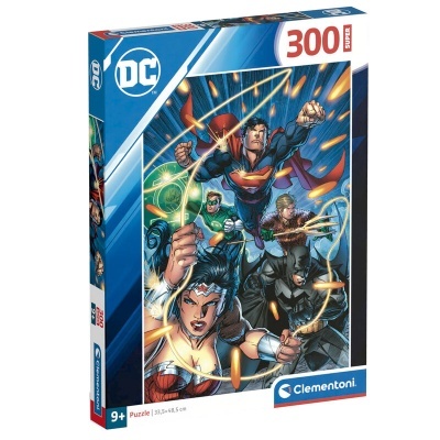Caixa de puzzle de 300 peças com heróis da DC Comics.