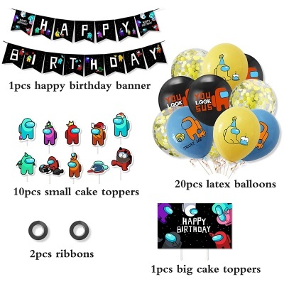 Conjunto festa com faixa Happy Birthday, toppers com personagens, balões de latex e fitas