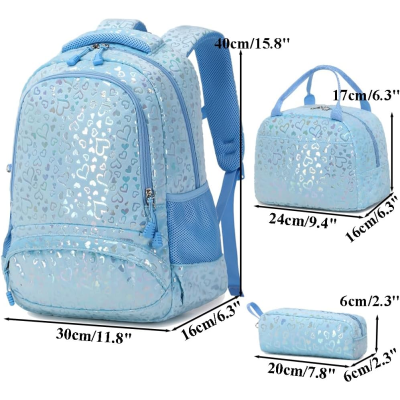 Conjunto azul brilhante mochila e acessórios com corações e medidas
