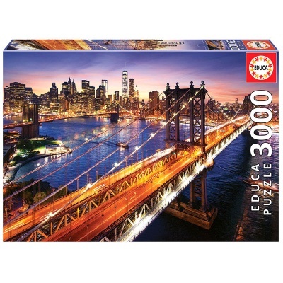 Caixa de puzzle EDUCA 3000 peças com imagem de ponte iluminada e cidade ao fundo