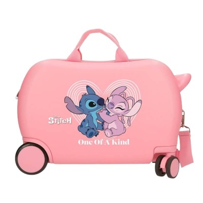 Mala infantil rosa com personagens Stitch e texto