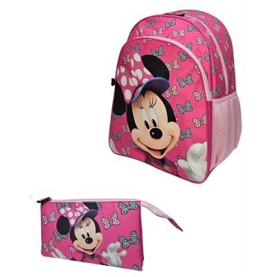 Mochila e estojo rosa com estampa da Minnie Mouse e padrão de laços