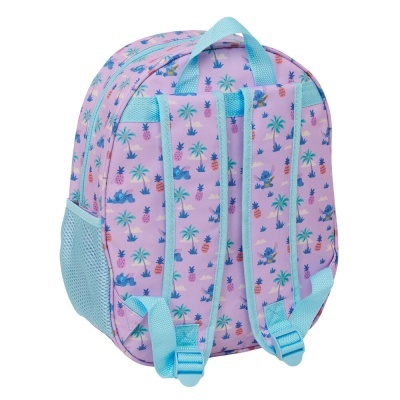Mochila infantil lilás com padrão de desenhos coloridos e alças azuis claras