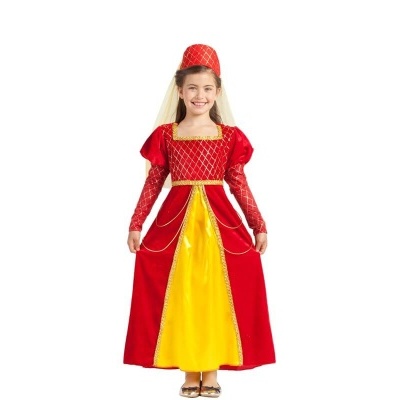 Vestido de princesa vermelho e amarelo para criança com chapéu vermelho e véu.