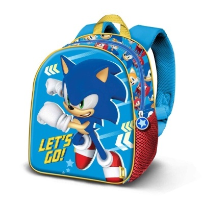 Mochila azul com o personagem Sonic e texto LET'S GO!