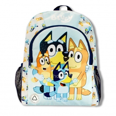 Mochila infantil azul com estampa de cães animados e bolso frontal