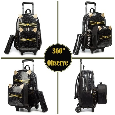 Mala de viagem preta com glitter e design de gato vista de vários ângulos