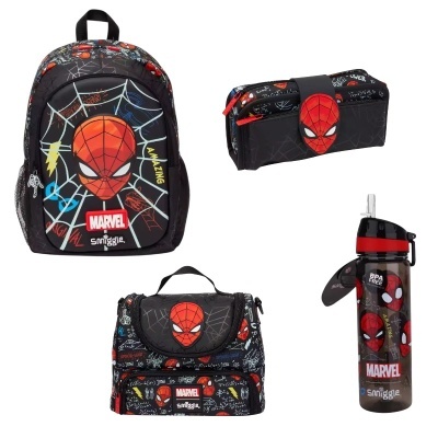 Conjunto infantil Homem-Aranha com mochila, estojo, lancheira e garrafa