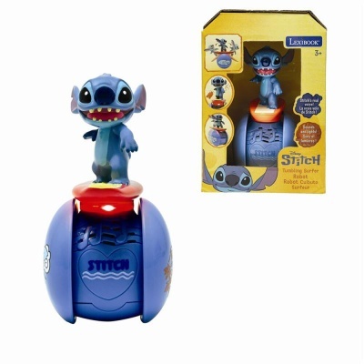 Brinquedo robô Stitch azul com base azul e vermelha e embalagem amarela