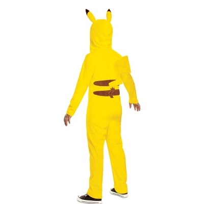 Macacão amarelo com capuz e orelhas, cauda marrom, criança de costas