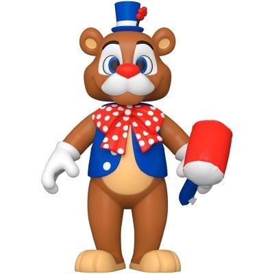 Figura de urso castanho com chapéu azul e gravata vermelha com pontos brancos, segurando martelo vermelho