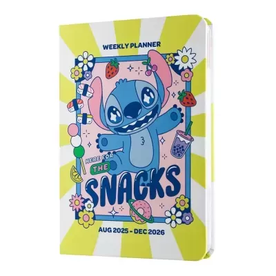 Planner semanal colorido com ilustração de personagem azul e texto. 