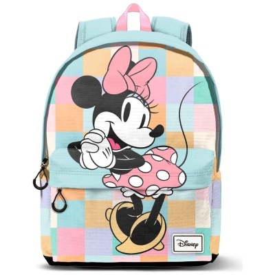 Mochila infantil com desenho da Minnie Mouse e padrão quadriculado pastel