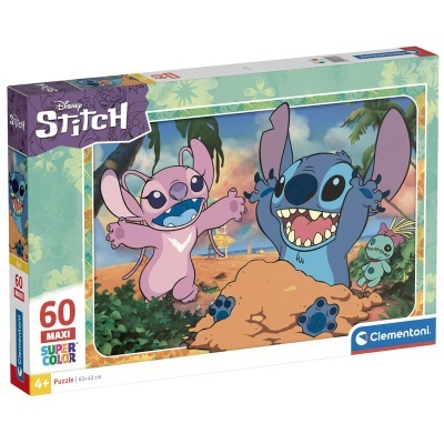 Caixa de puzzle Clementoni com imagem colorida de Stitch e Angel brincando na praia