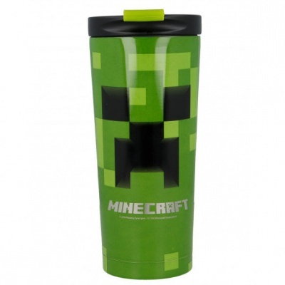 Copo de viagem verde com padrão Creeper do Minecraft e texto MINECRAFT