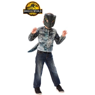 Criança vestida com fantasia de dinossauro Jurassic World