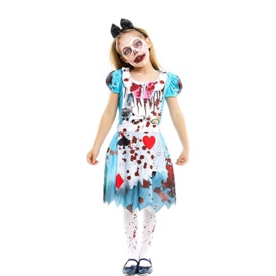 Fantasia de criança com vestido azul e branco manchado de sangue falso e acessórios