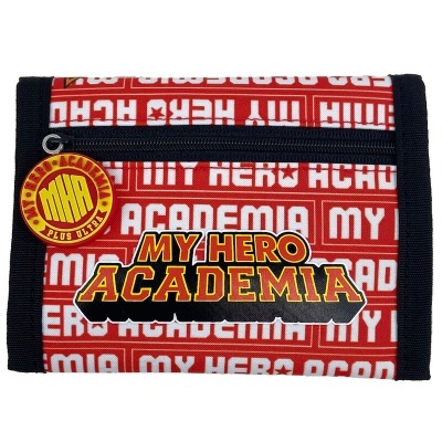 Carteira vermelha com padrão branco e logotipos My Hero Academia em amarelo e preto