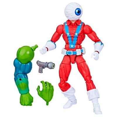 Figura de ação com corpo vermelho, cabeça de olho e acessórios extras