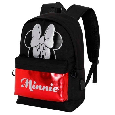 Mochila preta e vermelha com imagem da Minnie Mouse e texto Minnie